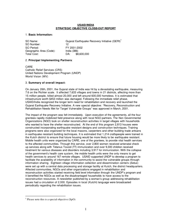 USAID/India : strategic objective close-out report -- Gujarat earthquake recovery initiative (GERI) : FY 2001-2002