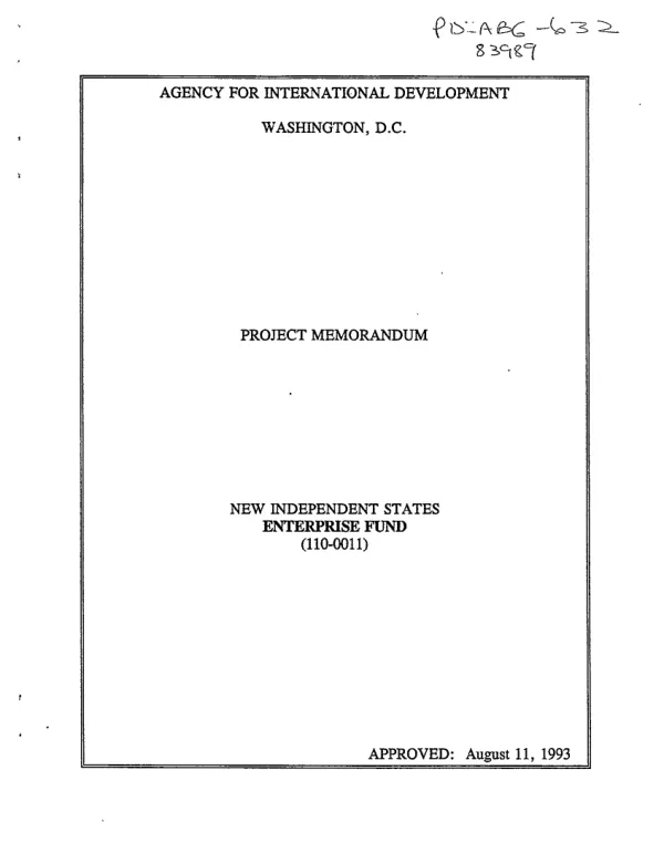Project memorandum : New Independent States -- enterprise fund (110-0011)