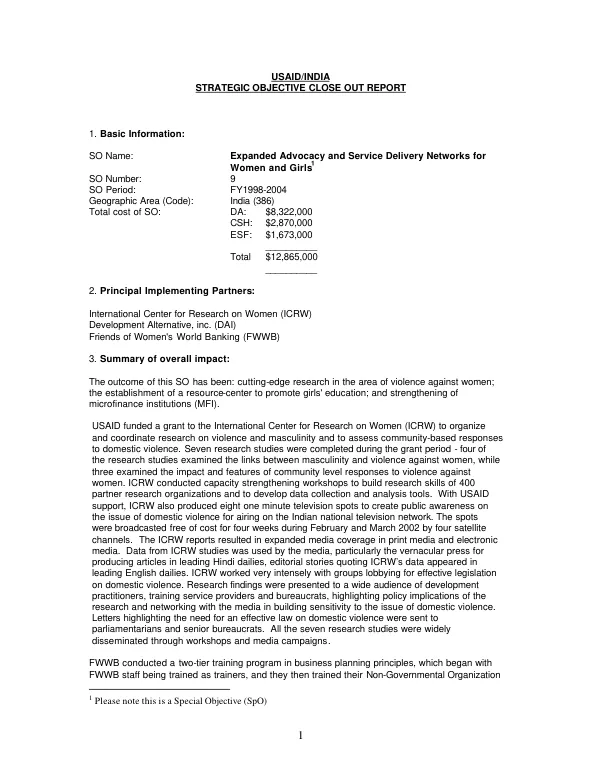 USAID/India : strategic objective close-out report -- expanded advocacy and service delivery networks for women and girls : FY 1998-2004