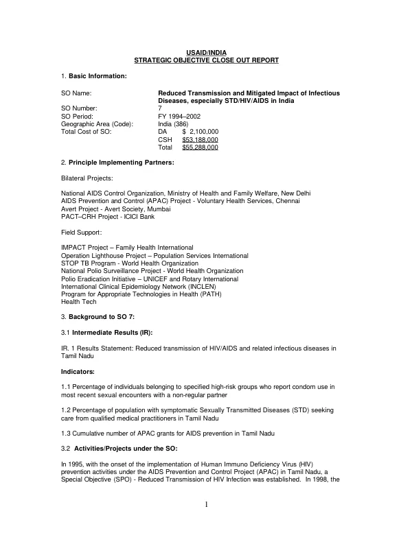 USAID/India : strategic objective close-out report -- reduced transmission and mitigated impact of infectious diseases, especially STD/HIV/AIDS in India : FY 1994-2002