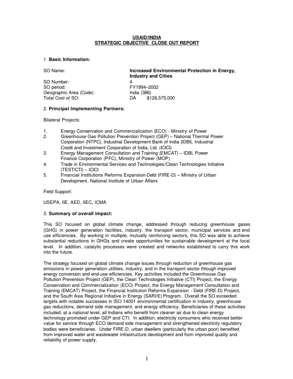 USAID/India : strategic objective close-out report -- increased environmental protection in energy, industry and cities : FY 1994-2002