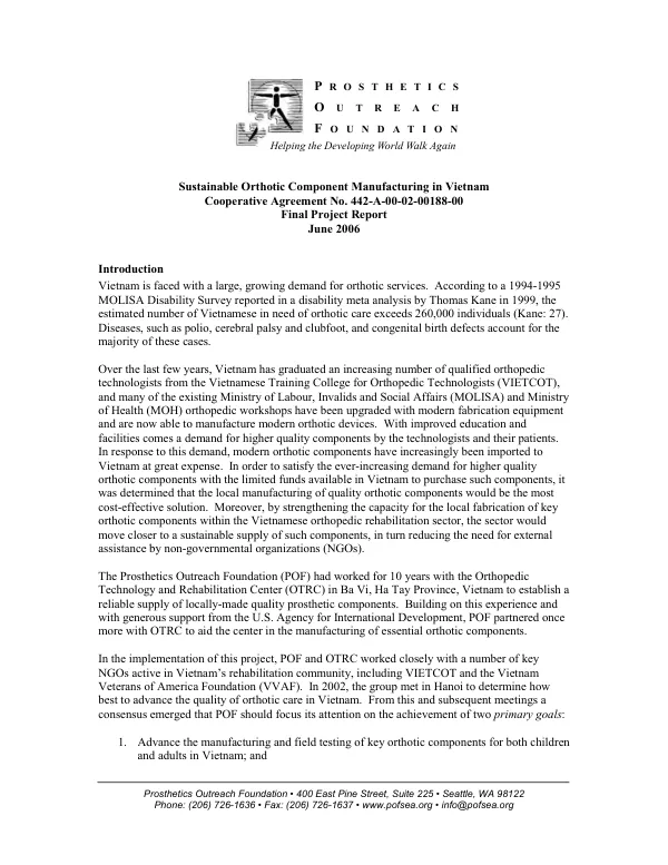 Sustainable orthotic component manfacturing in Vietnam, cooperative agreement no. 442-A-00-02-00188-00 : final project report