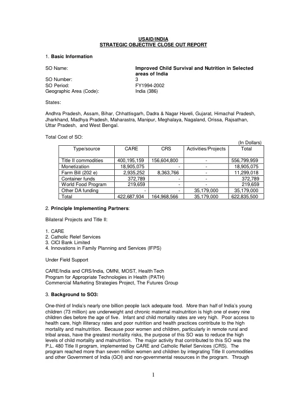USAID/India : strategic objective close-out report -- improved child survival and nutrition in selected areas of India : FY 1994-2002