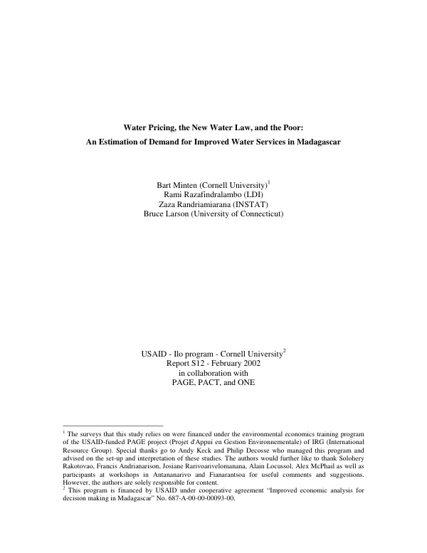 Water pricing, the new water law, and the poor : an estimation of demand for improved water services in Madagascar