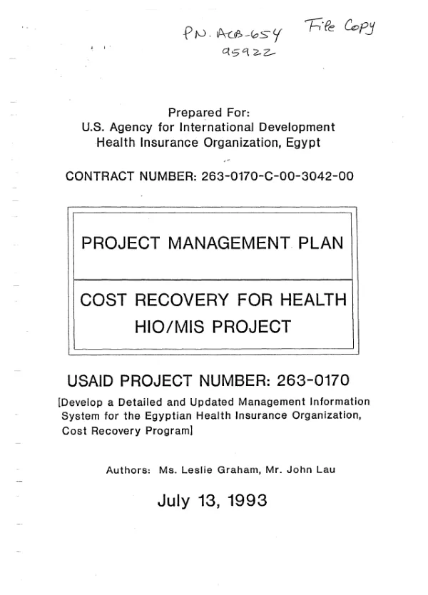 Project management plan : cost recovery for health HIO/MIS project