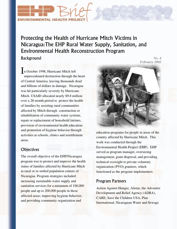 Protecting the health of Hurricane Mitch victims in Nicaragua : the EHP rural water supply, sanitation, and environmental health reconstruction program