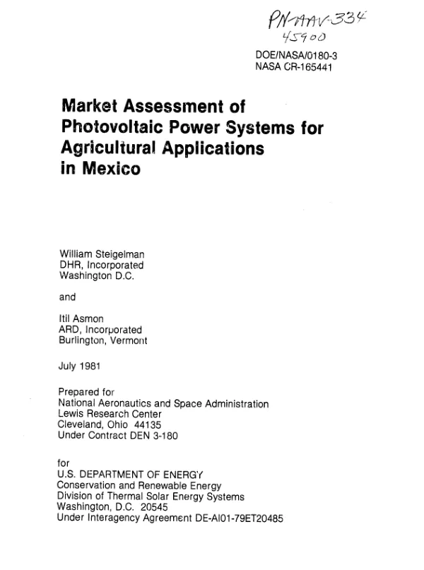 Market assessment of photovoltaic power systems for agricultural applications in Mexico