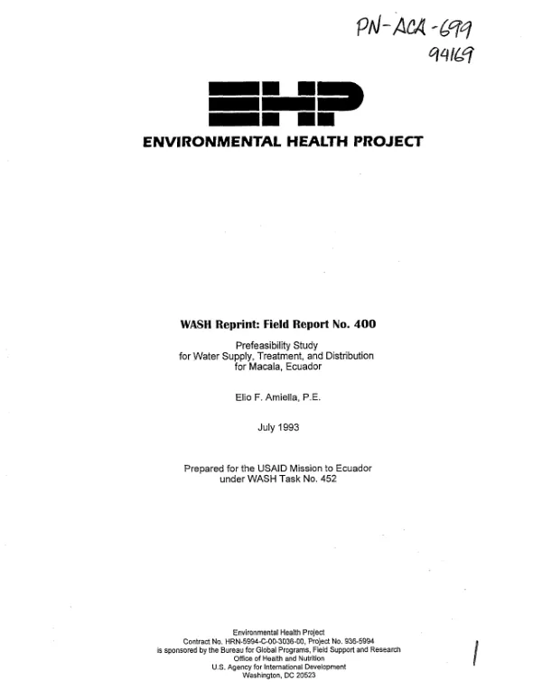 Prefeasibility study for water supply, treatment, and distribution for Macala, Ecuador