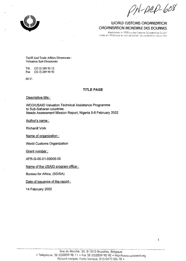 WCO/USAID valuation technical assistance programme to sub-Saharan countries : needs assessment mission report -- Nigeria 5-8 February 2002