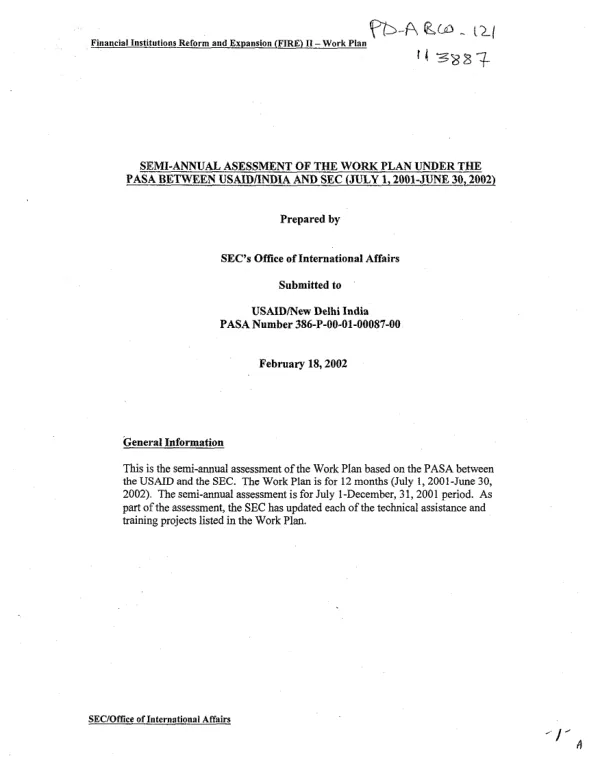 Semi-annual assessment of the work plan under the PASA between USAID/India and SEC (July 1, 2001-June 30, 2001)