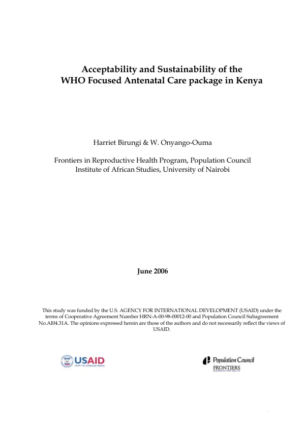 Acceptability and sustainablity of the WHO focused antenatal care package in Kenya