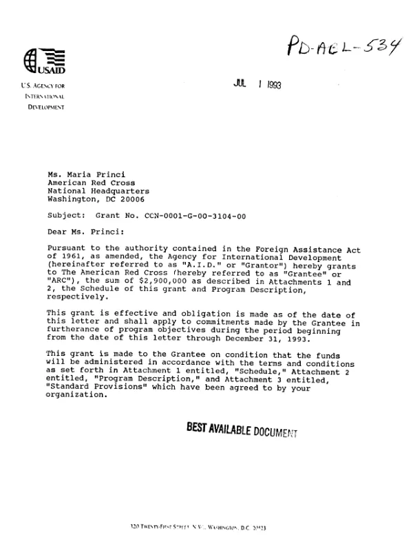 AID grant agreement no. CCN-0001-G-00-3104-00 to the American Red Cross (ARC) in support of its proposal, entitled `Emergency relief assistance to Armenian Refugees", dated April 26, 1993