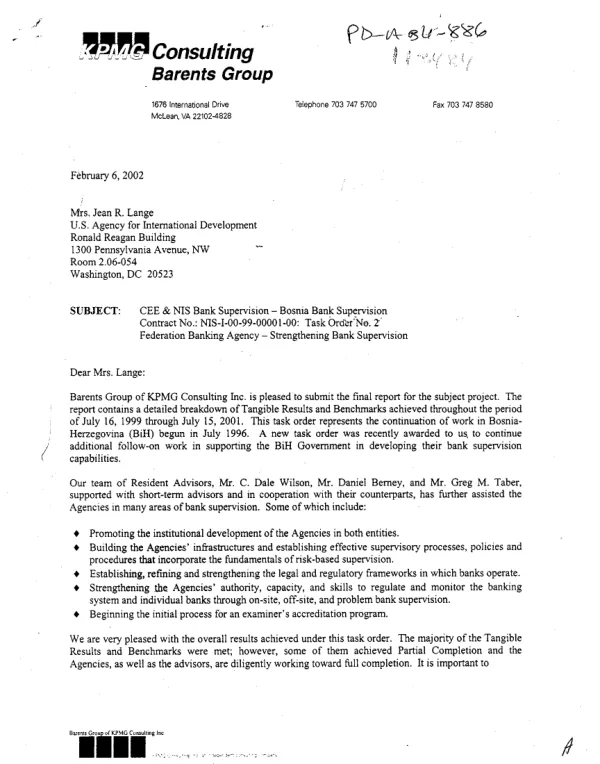 CEE & NIS bank supervision : Bosnia bank supervision -- contract no. NIS-I-00-99-00001-00 -- task order no. 2 : Federation Banking Agency -- strengthening bank supervision