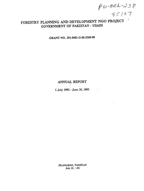 Forestry planning and development NGO project, Government of Pakistan-USAID, grant no. 391-0481-G-00-2560-00 : annual report, 1 July 1992-June 30, 1993