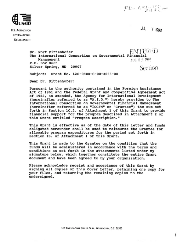 AID grant agreement no. LAG-0800-G-00-3023-00 to the International Consortium on Governmental Financial Management (ICGFM) in support of its proposal, entitled `Seventh Conference on New Developments in Government Financial Management," dated March 19, 1993