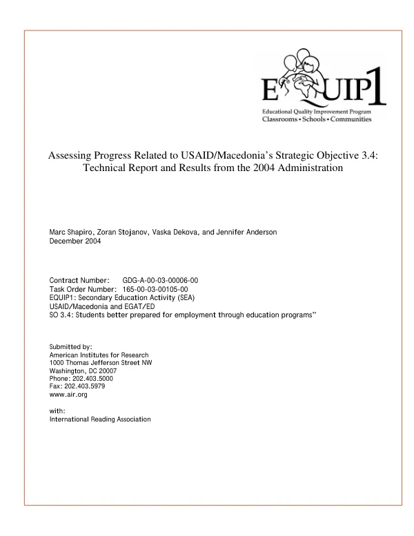 Assessing progress related to USAID/Macedonia's strategic objective 3.4 : technical report and results from the 2004 administration