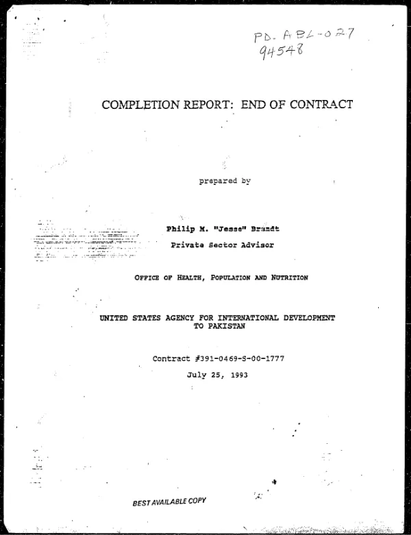 Office of Health, Population and Nutrition [USAID/Pakistan], Private Sector Advisor, contract no. 391-0469-S-00-1777[-00] : end of contract -- completion report