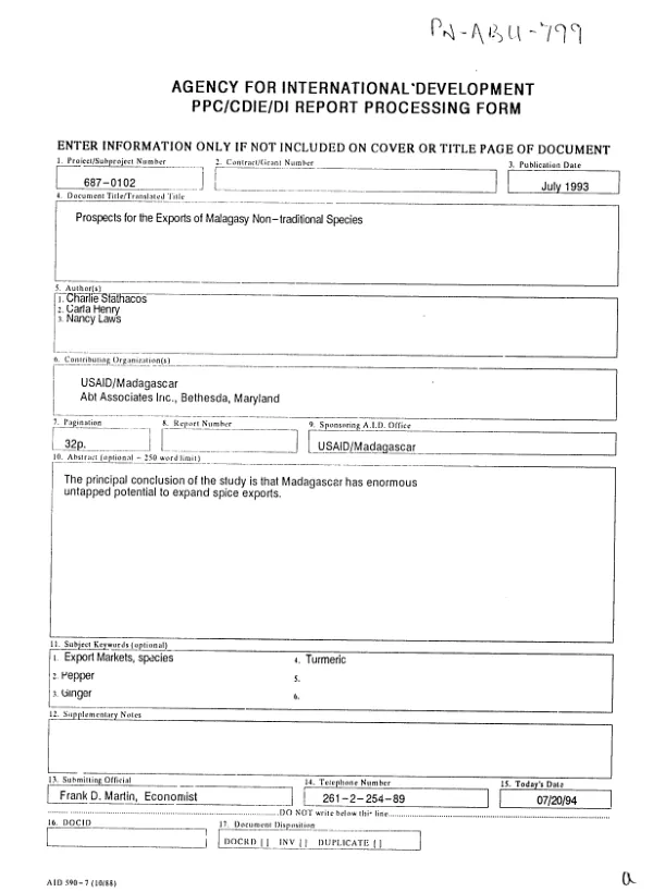 Perspectives d"exportations des epices non-traditionnelles Malagaches -- rapport final