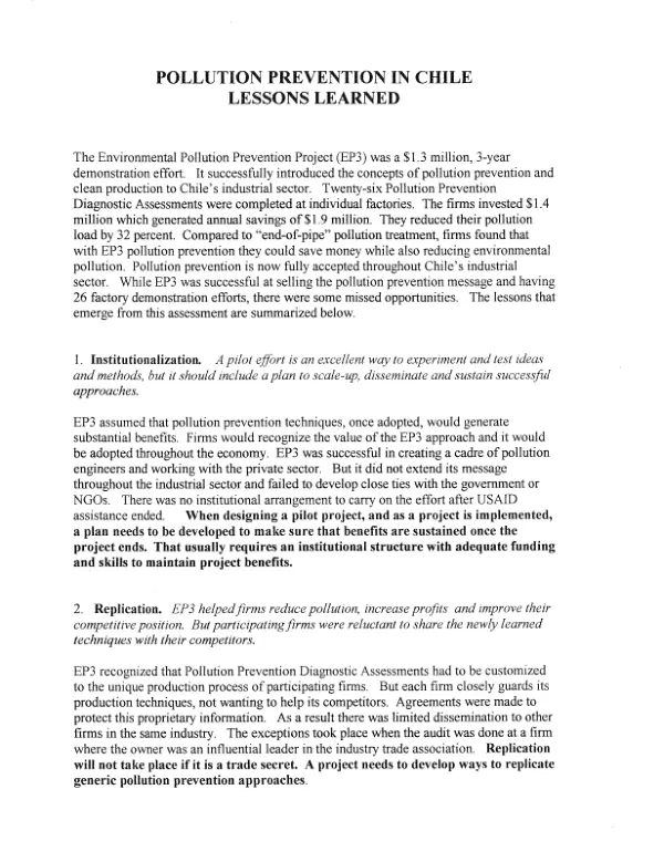 Pollution prevention in Chile : lessons learned
