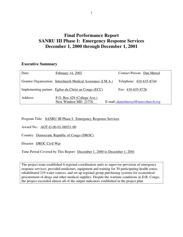 Final performance report : SANRU III phase I -- emergency response services : December 1, 2000 through December 1, 2001
