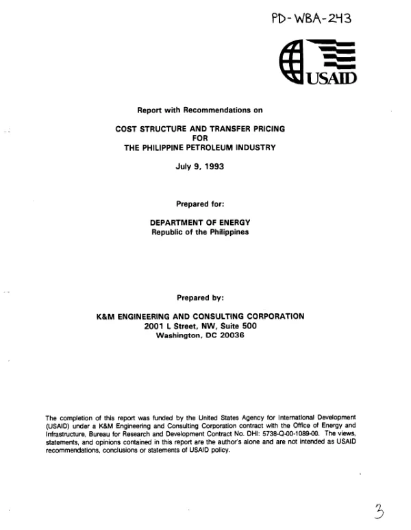 Report with recommendations on cost structure and transfer pricing for the Philippine petroleum industry