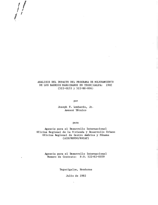 Analisis del impacto del programa de mejoramiento de los barrios marginados en Tegucigalpa : 1982 (522-0155 y 522-HG-06)