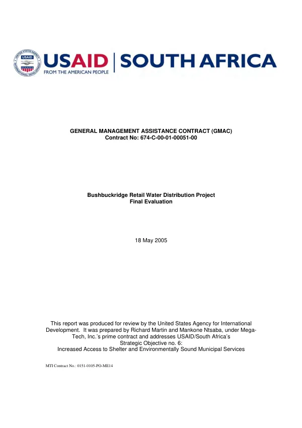 General management assistance contract (GMAC) : contract no. 674-C-00-01-00051-00 -- Bushbuckridge retail water distribution project : final evaluation
