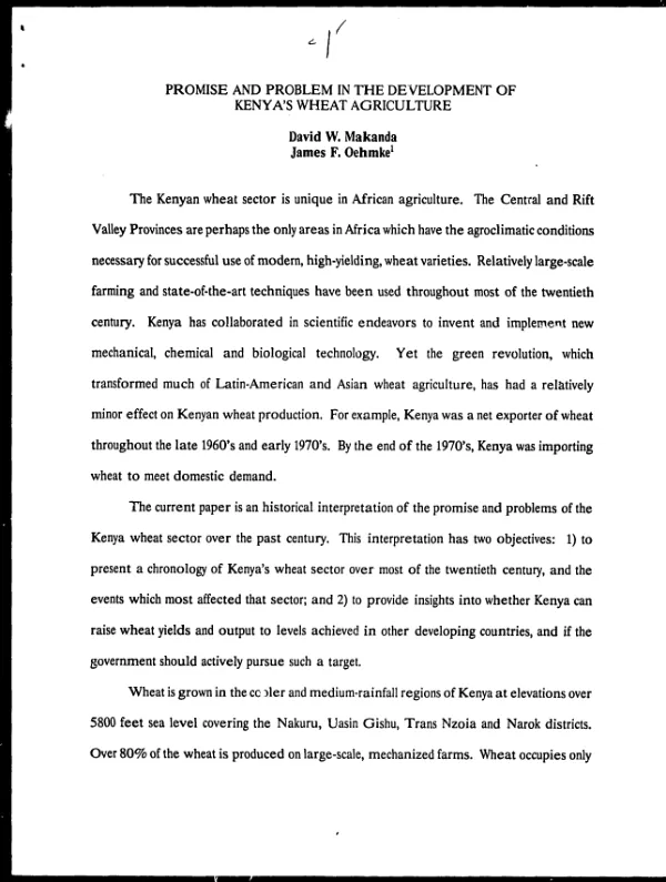 Promise and problem in the development of Kenya"s wheat agriculture