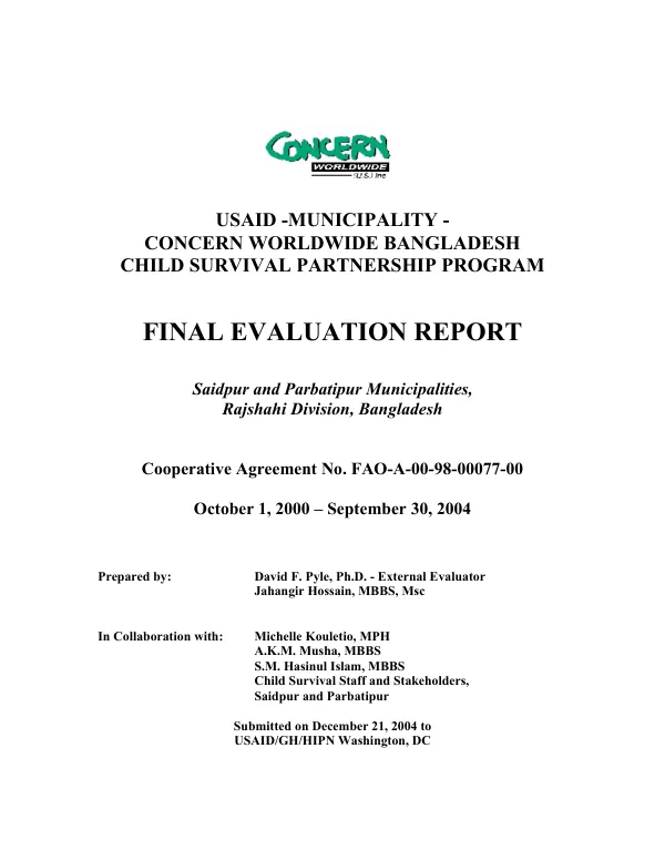 [USAID-Concern Worldwide Municipality Partnership Child Survival Program], Saidpur and Parbatipur Municipalities, Rajashi Division, Bangladesh : final evaluation report