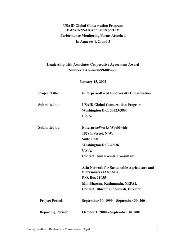 USAID global conservation program : EWW/ANSAB annual report