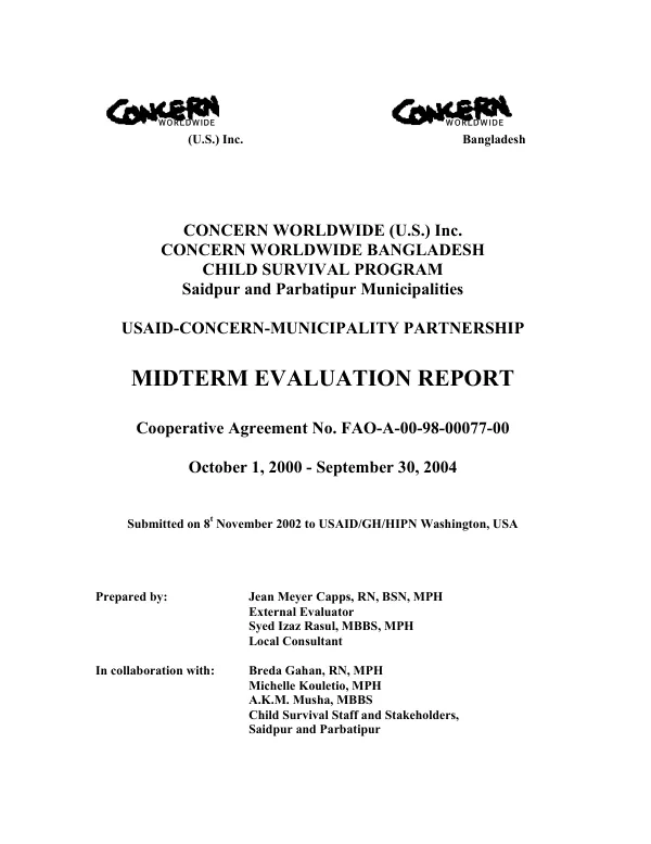 [USAID-Concern Worldwide Municipality Partnership Child Survival Program], Saidpur and Parbatipur Municipalities, Rajshai Division, Bangladesh : midterm evaluation report