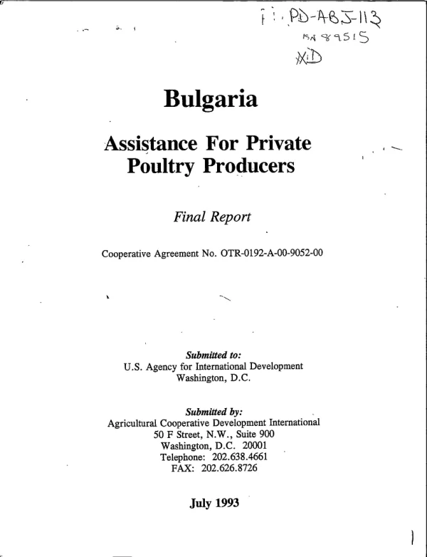 Bulgaria -- assistance for private poultry producers : final report -- cooperative agreement no. OTR-0192-A-00-9052-00
