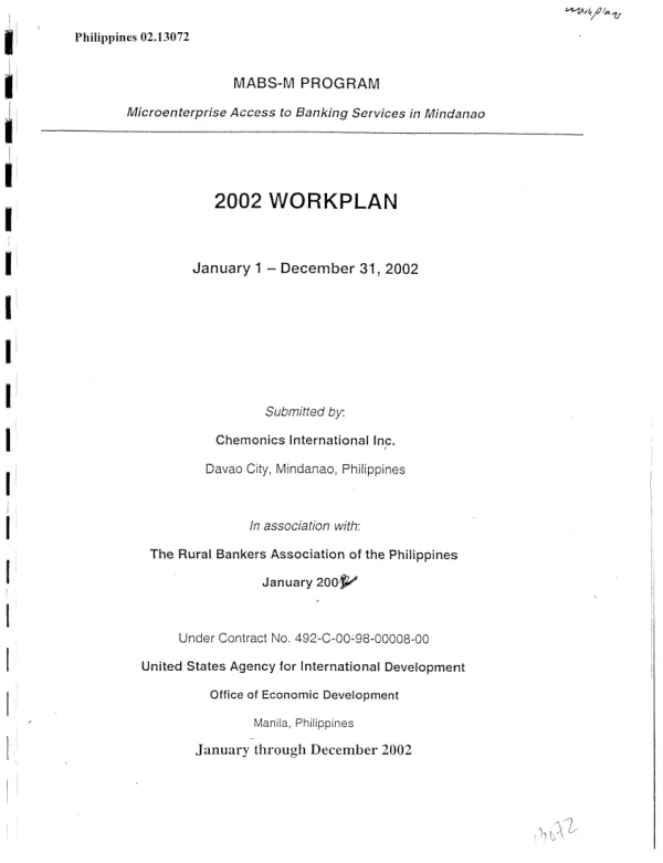 MABS-M program, microenterprise access to banking services in Mindanao : 2002 workplan, January 1-December 31, 2002