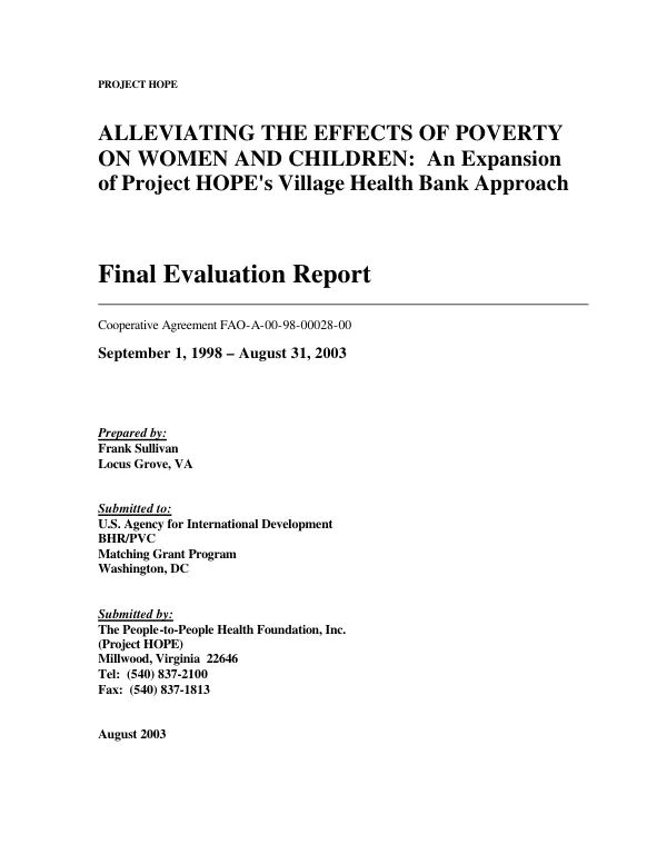 Alleviating the effects of poverty on women and children : an expansion of Project Hope's village health bank approach -- final evaluation report
