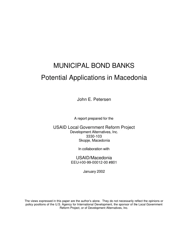 Municipal bond banks : potential applications in Macedonia
