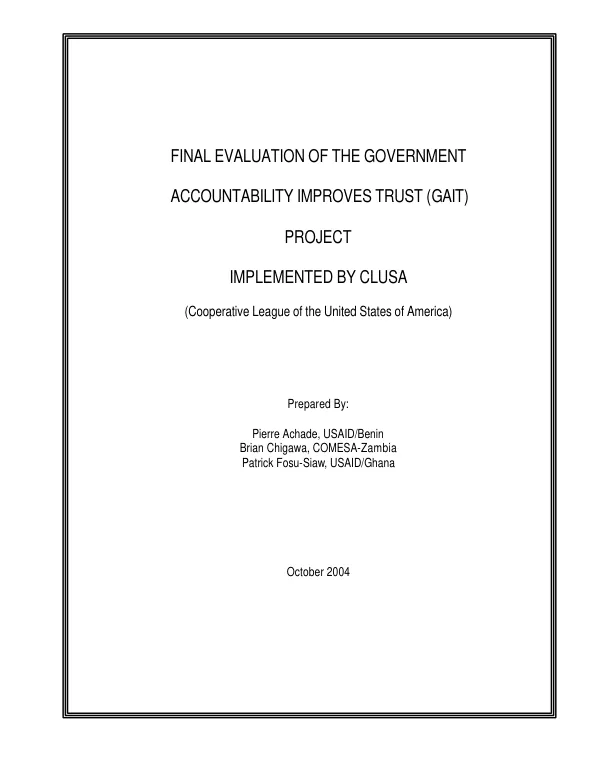 Final evaluation of the government accountability improves trust (GAIT) project implemented by CLUSA (Cooperative League of the United States of America)