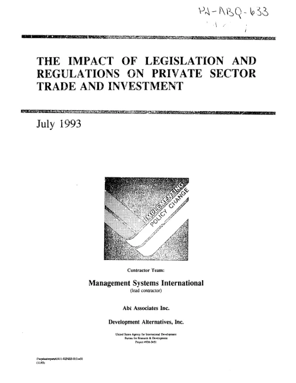 USAID implementing policy change (IPC) -- report : the impact of legislation and regulations on private sector trade and investment -- identification and analysis of trade legislation of the Ministry of Commerce and Industry