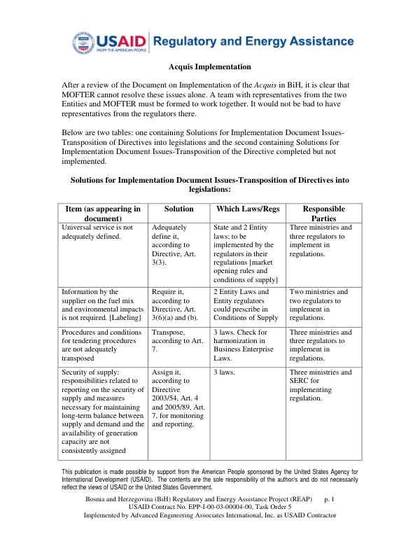 BiH REAP-Acquis Implementation Table