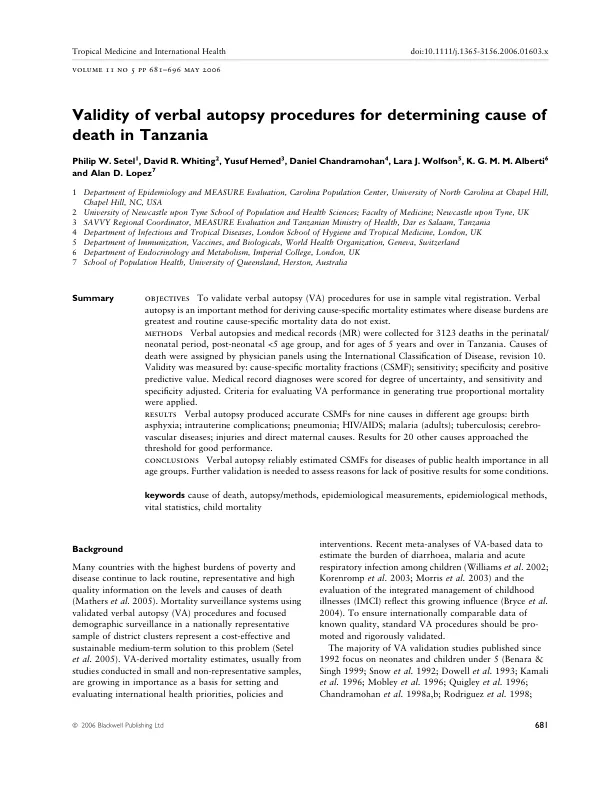 Validity of verbal autopsy procedures for determining cause of death in Tanzania