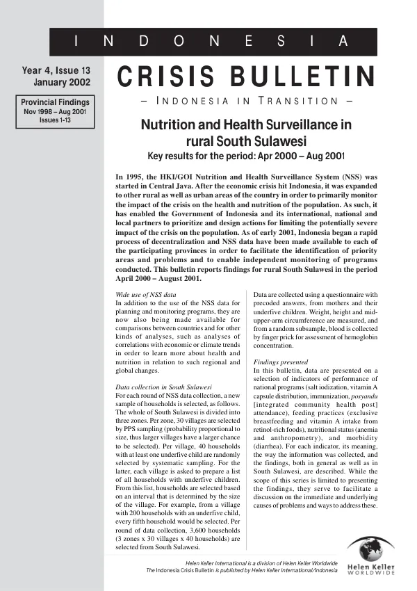Nutrition and health surveillance in rural South Sulawesi[, Indonesia] : key results for the period Apr 2000-Aug 2001