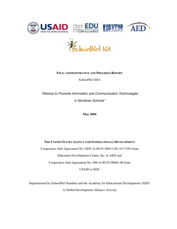 Final administrative and progress report : SchoolNet GDA -- "alliance to promote information and communication technologies in Namibian schools"