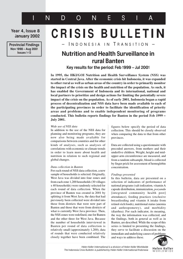 Nutrition and health surveillance in rural Banten[, Indonesia] : key results for the period Feb 1999-Jul 2001