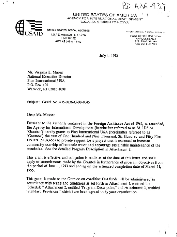 AID grant no. 615-0236-G-00-3045-00 to Plan International USA to increase community usership of borehole water and encourage sustainable maintenance of the boreholes in Kenya