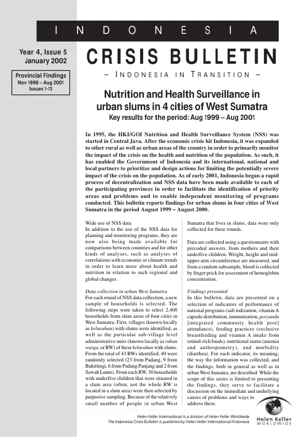 Nutrition and health surveillance in urban slums in 4 cities of West Sumatra[, Indonesia] : key results for the period Aug 1999-Aug 2001