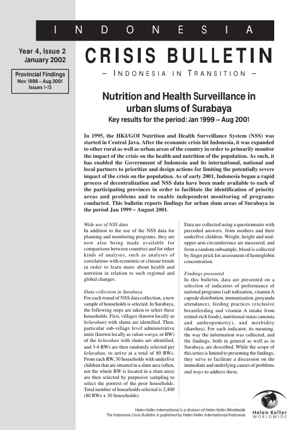 Nutrition and health surveillance in urban slums of Surabaya[, Indonesia] : key results for the period Jan 1999-Aug 2001