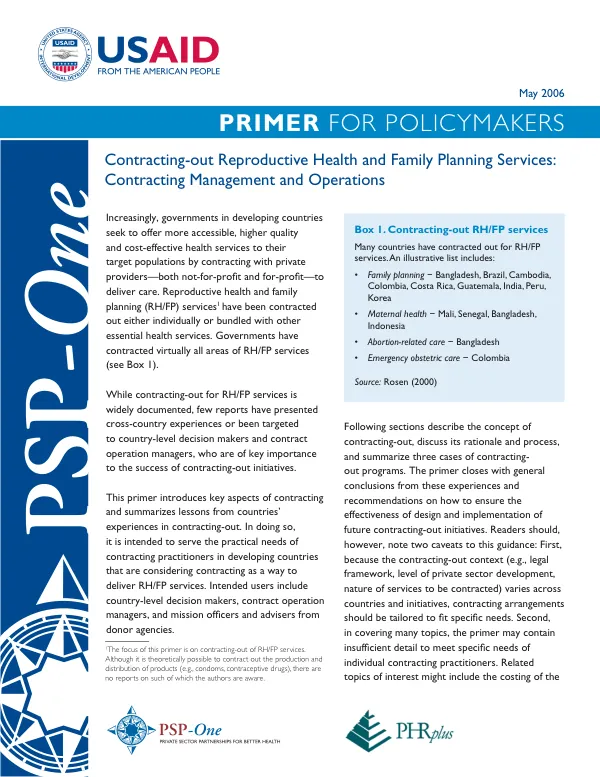 Contracting-out reproductive health and family planning services : contracting management and operations