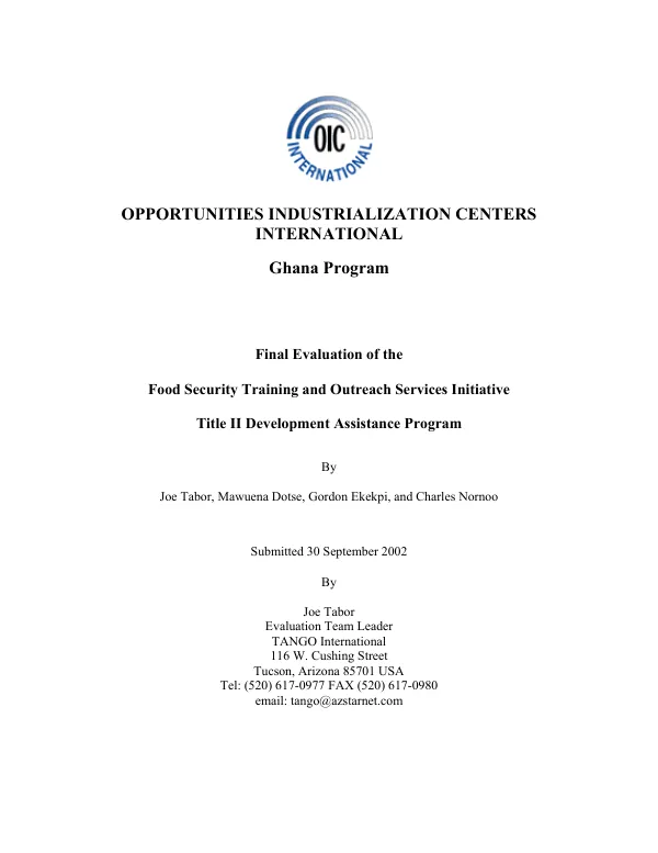 Final evaluation of the food security training and outreach services initiative Title II development assistance program