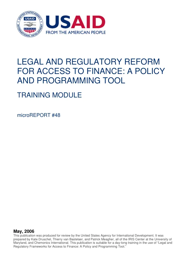 Legal and regulatory reform for access to finance : a policy and programming tool -- training module