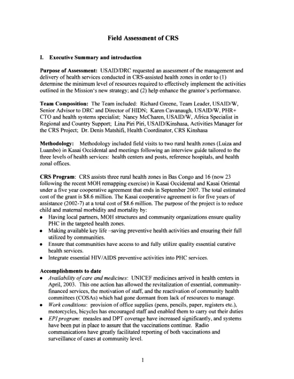 Field assessment of CRS