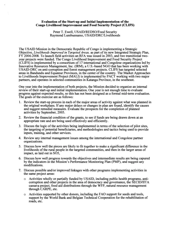 Evaluation of the start-up and initial implementation of the Congo livelihood improvement and food security project (CLIFS)